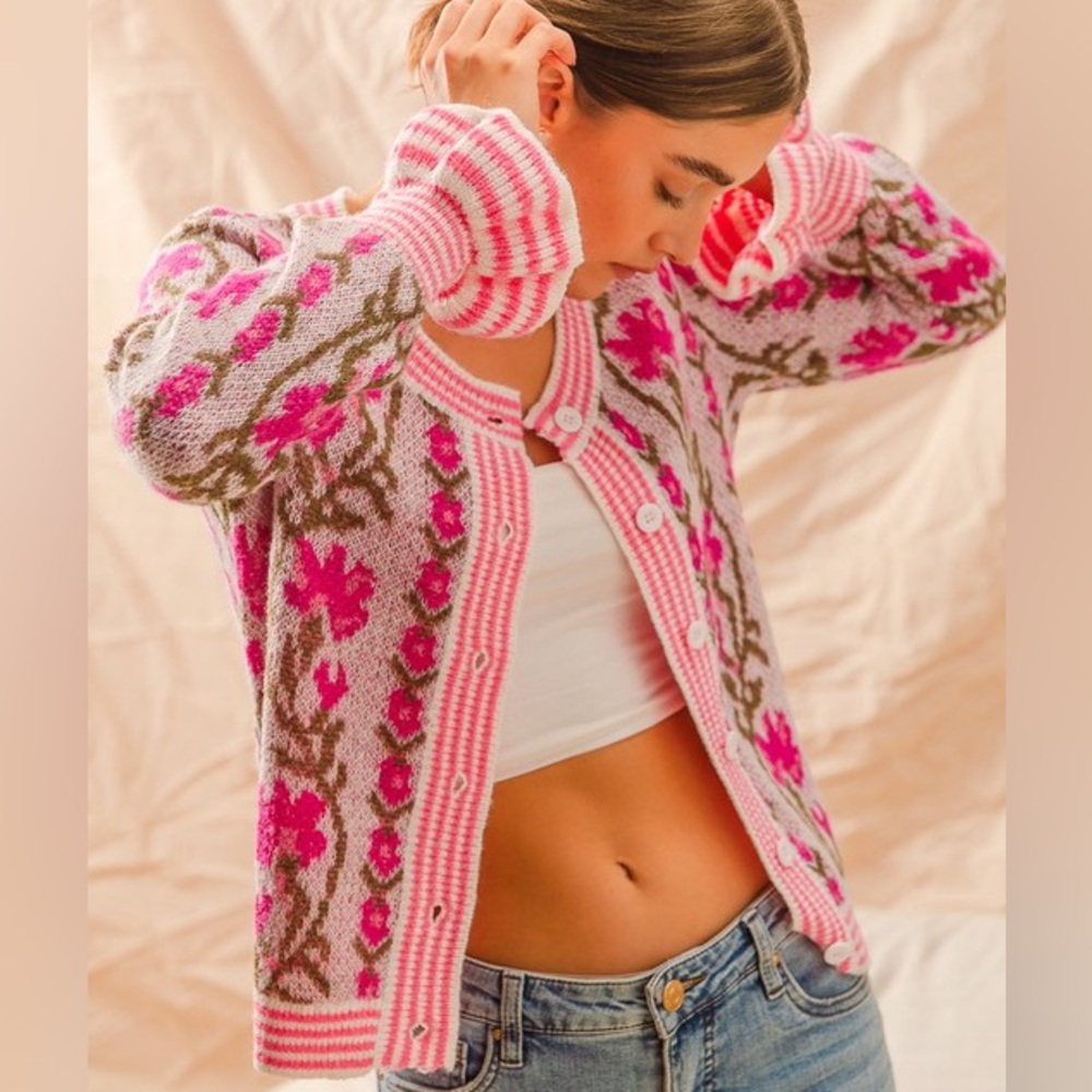 Pink Floral Intarsia Button Up Sweater Cardigan - Picture 9 of 16